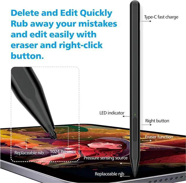 Alt view image 3 of 7 - BONAEVER Stylus Pen for Microsoft Surface Pro11/10/9/8/X/7+/6/5/4/3/Surface 3, Surface Go 3/2/1, Surface Laptop/Studio/Book 4/3/2/1 with Eraser Side Button,Palm Rejection,Tilt Function,1024 Pressure