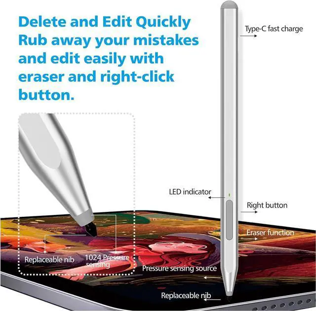 Alt view image 3 of 7 - BONAEVER Stylus Pen for Microsoft Surface Pro11/10/9/8/X/7+/6/5/4/3/Surface 3, Surface Go 3/2/1, Surface Laptop/Studio/Book 4/3/2/1 with Eraser Side Button,Palm Rejection,Tilt Function,1024 Pressure