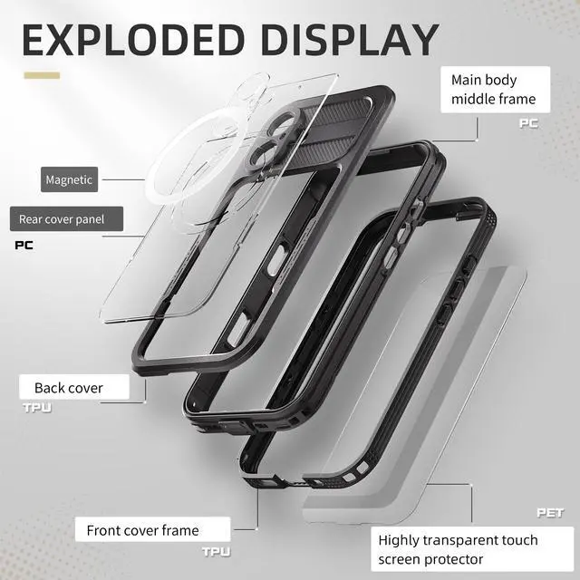 Alt view image 6 of 7 - BONAEVER for iPhone 16 Waterproof Case, Built-in Screen Protector, Shockproof, Snowproof, Dustproof, Full Body Protective Cover for iPhone 16 Compatible with Magsafe Black