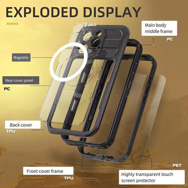 Alt view image 5 of 7 - BONAEVER for iPhone 16 Pro Waterproof Case, Built-in Screen Protector, Shockproof, Snowproof, Dustproof, Full Body Protective Cover for iPhone 16 Pro, Compatible with Magsafe Black