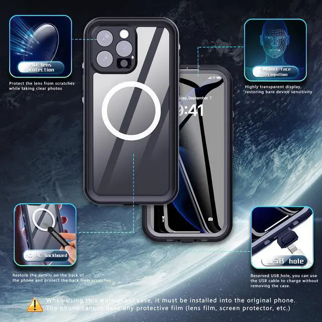 Alt view image 7 of 7 - BONAEVER for iPhone 16 Pro Case Waterproof, Compatible with Magsafe Magnetic Protective Case, Shockproof Dustproof Phone Cover with Screen Protector