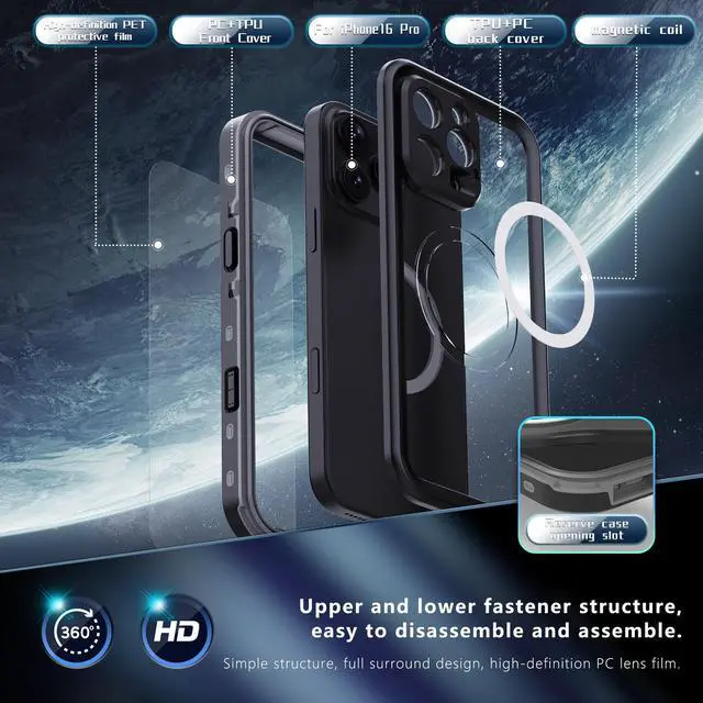 Alt view image 6 of 7 - BONAEVER for iPhone 16 Pro Case Waterproof, Compatible with Magsafe Magnetic Protective Case, Shockproof Dustproof Phone Cover with Screen Protector