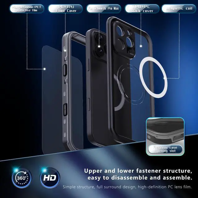 Alt view image 5 of 7 - BONAEVER for iPhone 16 Case Waterproof, Compatible with Magsafe Magnetic Protective Case, Shockproof Dustproof Phone Cover with Screen Protector