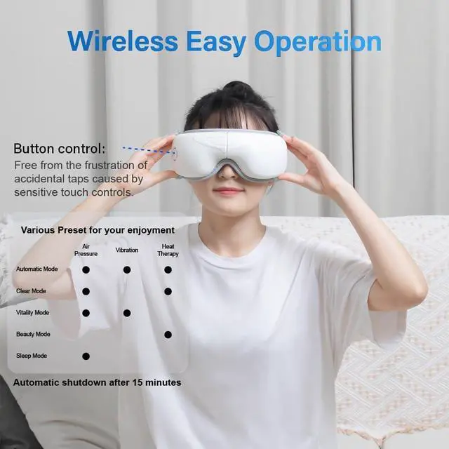 Alt view image 6 of 7 - BONAEVER Hot Compress Massage Eye Mask, Lightweight Bluetooth Music Wireless Eye Massager with Heat and Vibration, Airbag Kneading for Strain Relief
