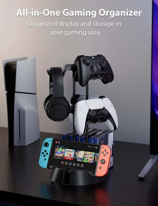 Alt view image 2 of 7 - BONAEVER Controller Holder with Organizer Base, 2 Tiers Desk Gaming Controller Headset Stand with Cable Organizer for All Xbox PS4 PS5 Switch Pro Crontroller Gaming Accessories