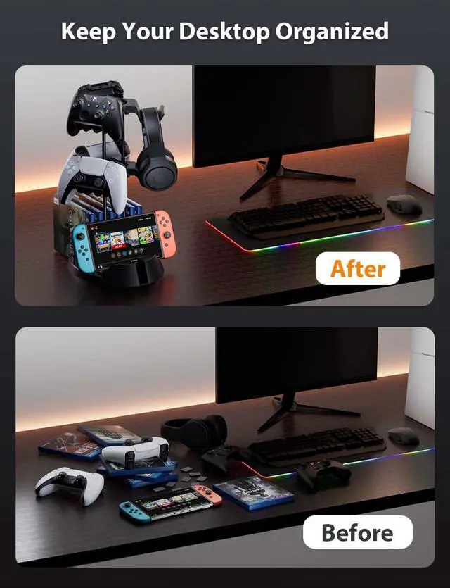Alt view image 5 of 7 - BONAEVER Controller Holder with Organizer Base, 2 Tiers Desk Gaming Controller Headset Stand with Cable Organizer for All Xbox PS4 PS5 Switch Pro Crontroller Gaming Accessories