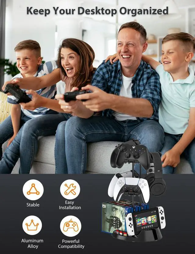 Alt view image 6 of 7 - BONAEVER Controller Holder with Organizer Base, 2 Tiers Desk Gaming Controller Headset Stand with Cable Organizer for All Xbox PS4 PS5 Switch Pro Crontroller Gaming Accessories