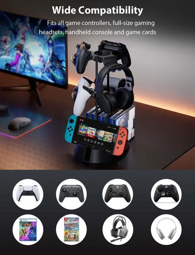 Alt view image 3 of 7 - BONAEVER Controller Holder with Organizer Base, 2 Tiers Desk Gaming Controller Headset Stand with Cable Organizer for All Xbox PS4 PS5 Switch Pro Crontroller Gaming Accessories