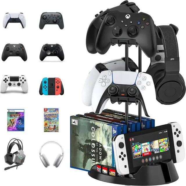 Main image of BONAEVER Controller Holder with Organizer Base, 2 Tiers Desk Gaming Controller Headset Stand with Cable Organizer for All Xbox PS4 PS5 Switch Pro Crontroller Gaming Accessories