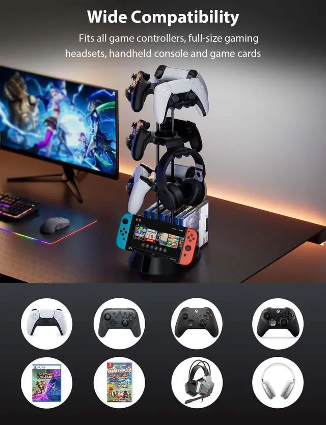 Alt view image 3 of 7 - BONAEVER Controller Holder with Organizer Base, 3 Tiers Desk Gaming Controller Headset Stand with Cable Organizer for All Xbox PS4 PS5 Switch Pro Crontroller Gaming Accessories