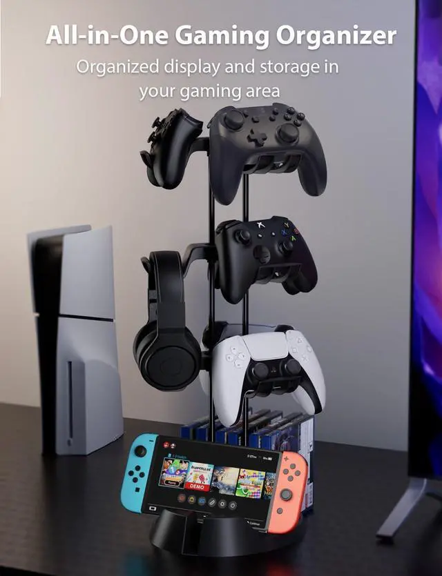 Alt view image 2 of 7 - BONAEVER Controller Holder with Organizer Base, 3 Tiers Desk Gaming Controller Headset Stand with Cable Organizer for All Xbox PS4 PS5 Switch Pro Crontroller Gaming Accessories