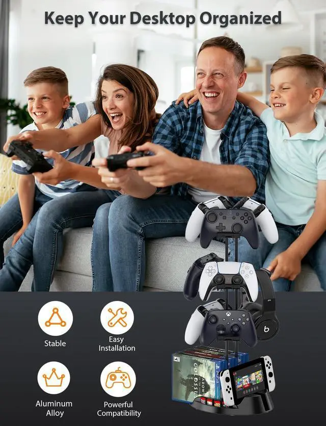 Alt view image 4 of 7 - BONAEVER Controller Holder with Organizer Base, 3 Tiers Desk Gaming Controller Headset Stand with Cable Organizer for All Xbox PS4 PS5 Switch Pro Crontroller Gaming Accessories