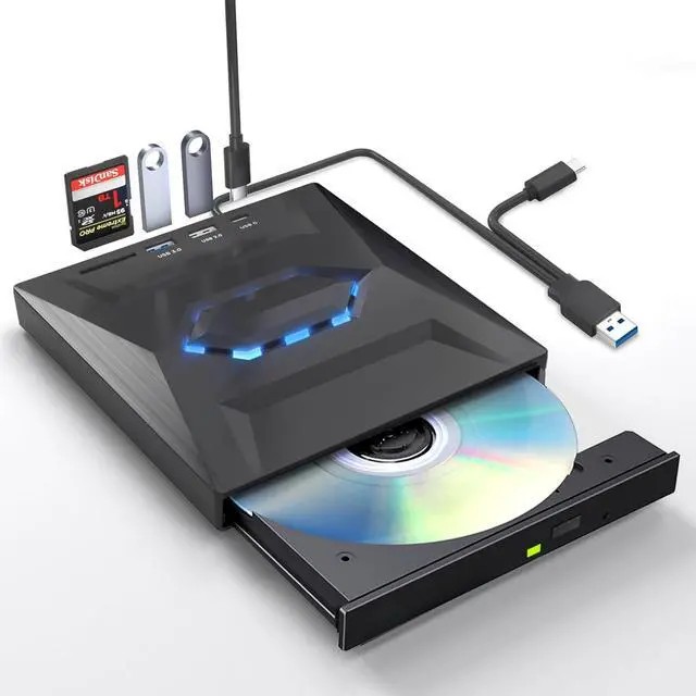 Main image of BONAEVER External CD DVD Drive, USB C Portable CD/DVD +/-RW Drive/DVD Player with SD Card Reader USB 3.0 USB C Hub CD ROM Burner Compatible with Laptop Desktop PC Windows Linux OS Apple Mac