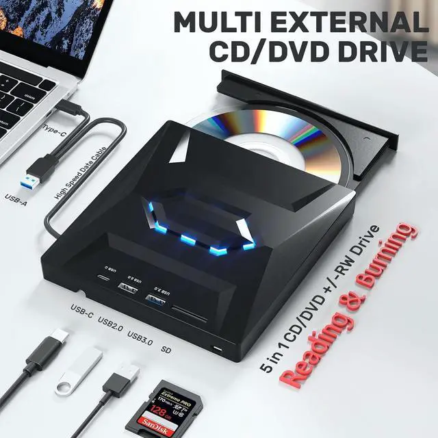 Alt view image 2 of 7 - BONAEVER External CD DVD Drive, USB C Portable CD/DVD +/-RW Drive/DVD Player with SD Card Reader USB 3.0 USB C Hub CD ROM Burner Compatible with Laptop Desktop PC Windows Linux OS Apple Mac