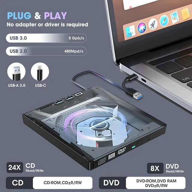 Alt view image 6 of 7 - BONAEVER External CD DVD Drive Player CD Burner with USB 3.0/USB-C Ports Hub and SD Card Reader, Portable CD DVD ROM +/-RW Optical Disk Drive Writer for Laptop PC Windows 11/10, Mac, Linux Computer