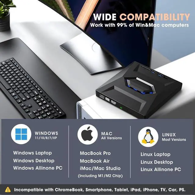 Alt view image 4 of 7 - BONAEVER External CD DVD Drive Player CD Burner with USB 3.0/USB-C Ports Hub and SD Card Reader, Portable CD DVD ROM +/-RW Optical Disk Drive Writer for Laptop PC Windows 11/10, Mac, Linux Computer