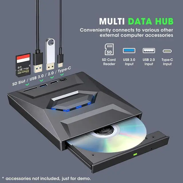Alt view image 3 of 7 - BONAEVER External CD DVD Drive Player CD Burner with USB 3.0/USB-C Ports Hub and SD Card Reader, Portable CD DVD ROM +/-RW Optical Disk Drive Writer for Laptop PC Windows 11/10, Mac, Linux Computer