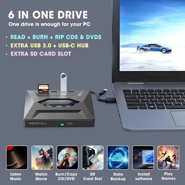 Alt view image 5 of 7 - BONAEVER External CD DVD Drive Player CD Burner with USB 3.0/USB-C Ports Hub and SD Card Reader, Portable CD DVD ROM +/-RW Optical Disk Drive Writer for Laptop PC Windows 11/10, Mac, Linux Computer