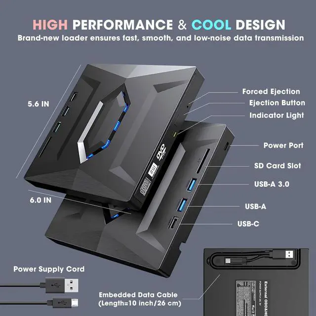 Alt view image 2 of 7 - BONAEVER External CD DVD Drive Player CD Burner with USB 3.0/USB-C Ports Hub and SD Card Reader, Portable CD DVD ROM +/-RW Optical Disk Drive Writer for Laptop PC Windows 11/10, Mac, Linux Computer