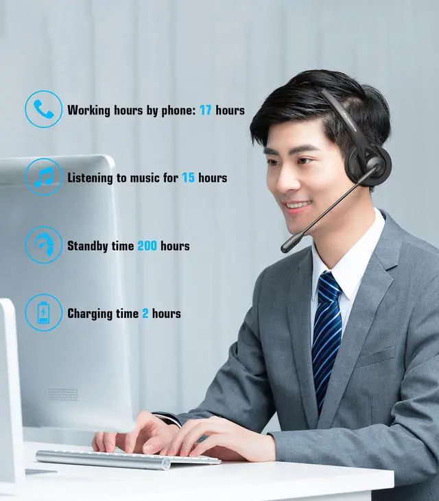 Alt view image 5 of 7 - BONAEVER Bluetooth Headset, Wireless Headset with Mic for Work, Computer Headset with Microphone for PC, Bluetooth Lightweight Headset with Noise Cancelling Mic, Charging Base