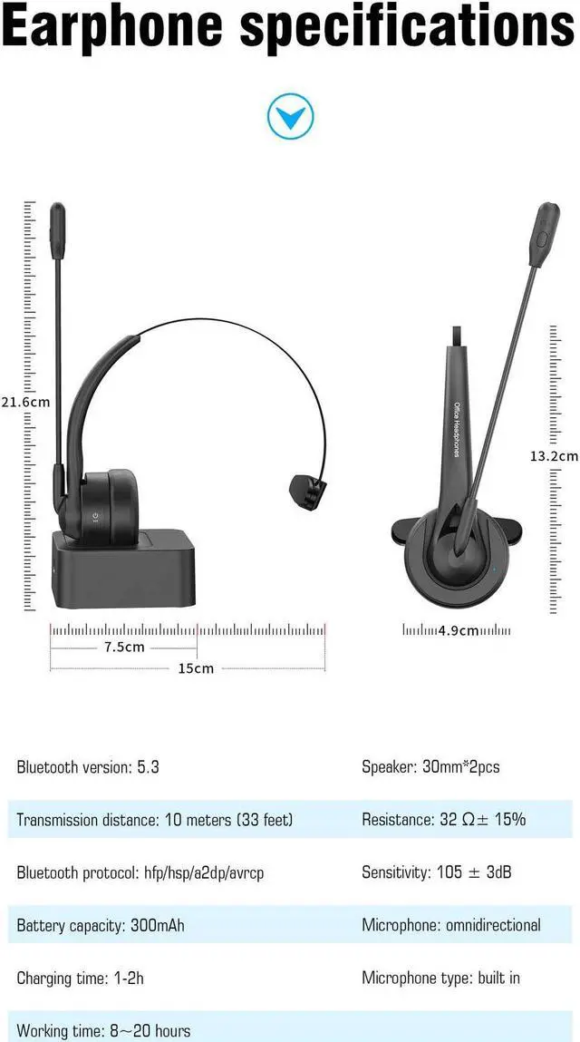 Alt view image 7 of 7 - BONAEVER Bluetooth Headset, Wireless Headset with Mic for Work, Computer Headset with Microphone for PC, Bluetooth Lightweight Headset with Noise Cancelling Mic, Charging Base