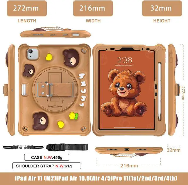 Alt view image 7 of 7 - BONAEVER Case for iPad Air 11 Inch M3 M2 2025 2024/ iPad Air 5th/4th Gen 2022/2020 & iPad Pro 11 Inch 2022/2021/2020/2018 with 360 Rotating Stand+Hand Strap+Shoulder Strap, Cute Shockproof Cover