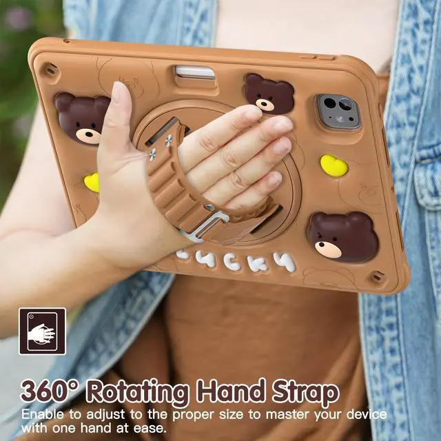 Alt view image 5 of 7 - BONAEVER Case for iPad Pro 11 Inch 2024 5th Generation M4 with 360 Rotating Stand / Hand Strap / Shoulder Strap with 360 Rotating Stand+Hand Strap, Cute Soft Shockproof Cover for Kids Boys Brown