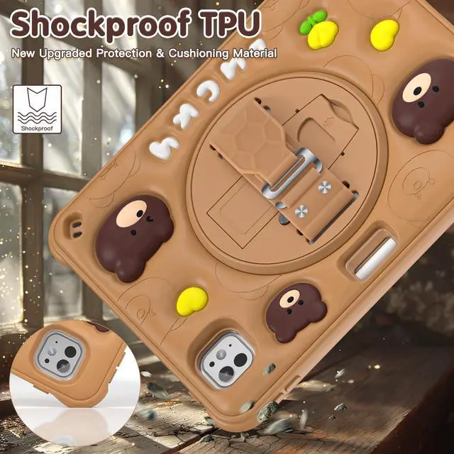 Alt view image 4 of 7 - BONAEVER Case for iPad Pro 11 Inch 2024 5th Generation M4 with 360 Rotating Stand / Hand Strap / Shoulder Strap with 360 Rotating Stand+Hand Strap, Cute Soft Shockproof Cover for Kids Boys Brown