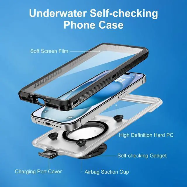Alt view image 7 of 7 - BONAEVER Waterproof Phone Case, Underwater Snorkeling Diving Phone Case, Universal Self-Check Water Proof Case Up to 6.9 Inch for iPhone 15/14/13/12/11 and Samsung S24/S23/S22/Google Series - Black