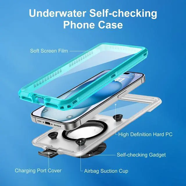 Alt view image 4 of 7 - BONAEVER Waterproof Phone Case, Underwater Snorkeling Diving Phone Case, Universal Self-Check Water Proof Case Up to 6.9 Inch for iPhone 15/14/13/12/11 and Samsung S24/S23/S22/Google Series - Blue