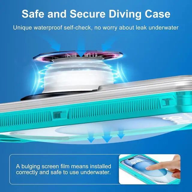 Alt view image 7 of 7 - BONAEVER Waterproof Phone Case, Underwater Snorkeling Diving Phone Case, Universal Self-Check Water Proof Case Up to 6.9 Inch for iPhone 15/14/13/12/11 and Samsung S24/S23/S22/Google Series - Blue