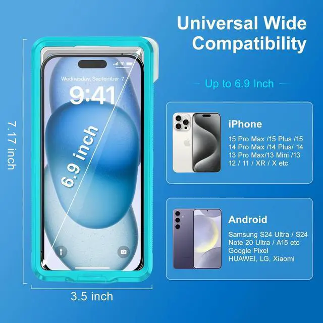 Alt view image 2 of 7 - BONAEVER Waterproof Phone Case, Underwater Snorkeling Diving Phone Case, Universal Self-Check Water Proof Case Up to 6.9 Inch for iPhone 15/14/13/12/11 and Samsung S24/S23/S22/Google Series - Blue