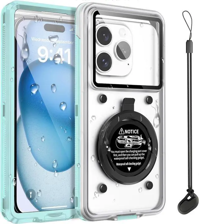 Main image of BONAEVER Waterproof Phone Case, Underwater Snorkeling Diving Phone Case, Universal Self-Check Water Proof Case Up to 6.9 Inch for iPhone 15/14/13/12/11 and Samsung S24/S23/S22/Google Series - Green
