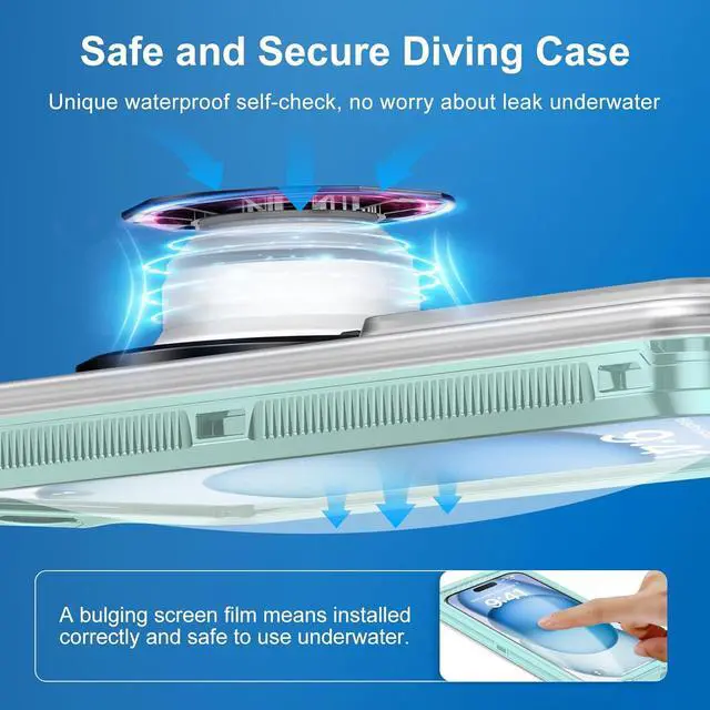 Alt view image 7 of 7 - BONAEVER Waterproof Phone Case, Underwater Snorkeling Diving Phone Case, Universal Self-Check Water Proof Case Up to 6.9 Inch for iPhone 15/14/13/12/11 and Samsung S24/S23/S22/Google Series - Green