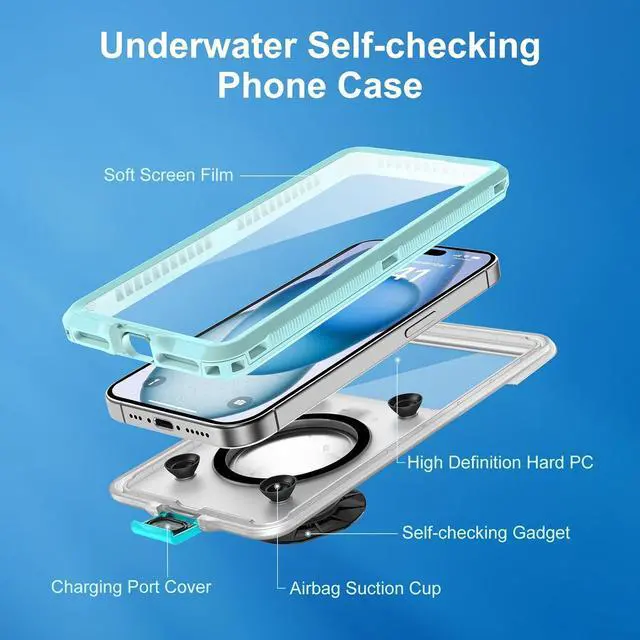 Alt view image 6 of 7 - BONAEVER Waterproof Phone Case, Underwater Snorkeling Diving Phone Case, Universal Self-Check Water Proof Case Up to 6.9 Inch for iPhone 15/14/13/12/11 and Samsung S24/S23/S22/Google Series - Green