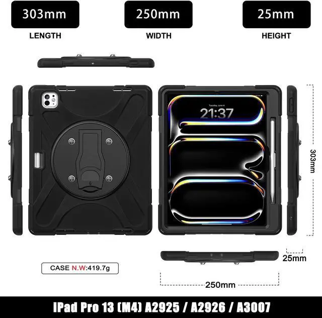Alt view image 5 of 7 - BONAEVER Case for iPad Pro 13 Inch Case 2024 M4 7th Generation Heavy Duty Rugged Shockproof Cover with 360° Rotating Stand & Pencil Holder & VESA Mounting Holes 75mm * 75mm