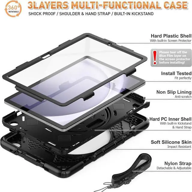 Alt view image 6 of 7 - Bonaever Case for Galaxy Tab A9 Plus 11 inch (SM-X210/X216/X218 Case). Protective Tablet Cover with Screen Protector, 360° Rotating Stand, Hand & Shoulder Strap