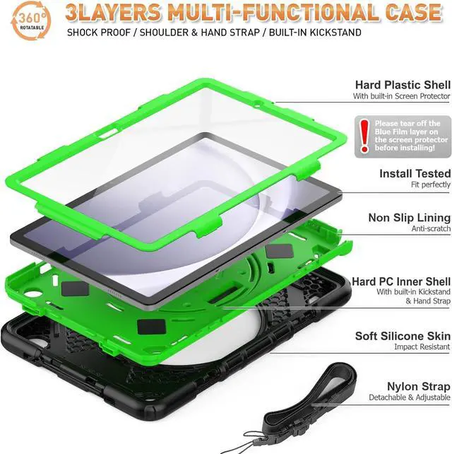 Alt view image 7 of 7 - Bonaever Case for Galaxy Tab A9 Plus 11 inch (SM-X210/X216/X218 Case). Protective Tablet Cover with Screen Protector, 360° Rotating Stand, Hand & Shoulder Strap Green