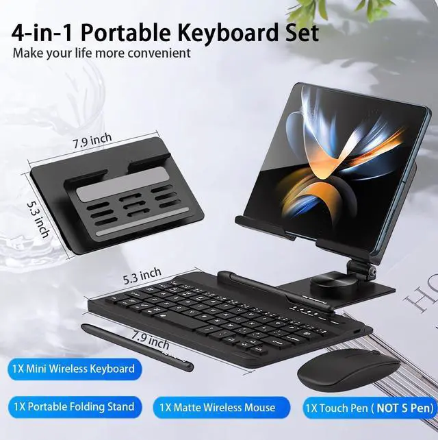 Alt view image 6 of 7 - BONAEVER for Samsung Galaxy Z Fold 6 5 4 Stand and Keyboard Mouse, Portable Detachable Bluetooth Keyboard, Foldable Adjustable Tablet Stand Holder for Desk, with Wireless Mouse and Pen