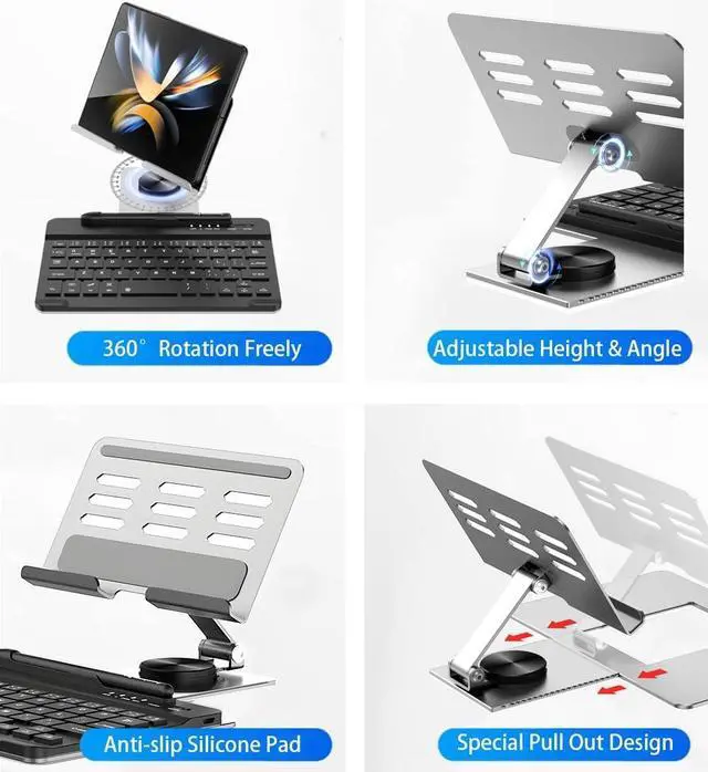 Alt view image 7 of 7 - BONAEVER for Samsung Galaxy Z Fold 6 5 4 Stand and Keyboard Mouse, Portable Detachable Bluetooth Keyboard, Foldable Adjustable Tablet Stand Holder for Desk, with Wireless Mouse and Pen Silver
