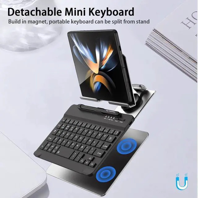 Alt view image 2 of 7 - BONAEVER for Samsung Galaxy Z Fold 6 5 4 Stand and Keyboard Mouse, Portable Detachable Bluetooth Keyboard, Foldable Adjustable Tablet Stand Holder for Desk, with Wireless Mouse and Pen Silver