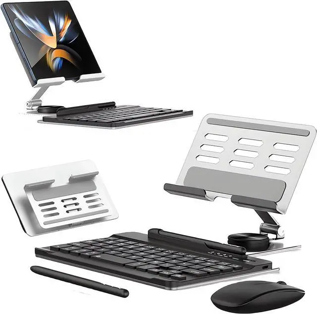Main image of BONAEVER for Samsung Galaxy Z Fold 6 5 4 Stand and Keyboard Mouse, Portable Detachable Bluetooth Keyboard, Foldable Adjustable Tablet Stand Holder for Desk, with Wireless Mouse and Pen Silver