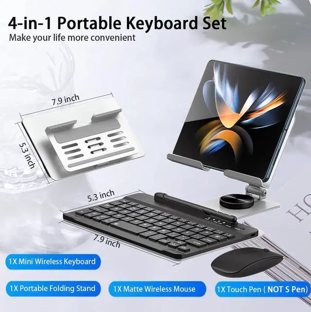 Alt view image 6 of 7 - BONAEVER for Samsung Galaxy Z Fold 6 5 4 Stand and Keyboard Mouse, Portable Detachable Bluetooth Keyboard, Foldable Adjustable Tablet Stand Holder for Desk, with Wireless Mouse and Pen Silver