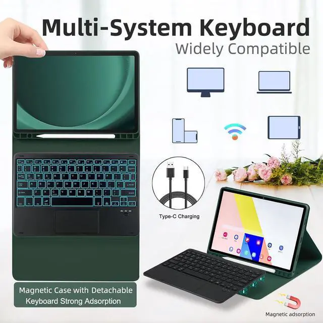 Alt view image 5 of 7 - BONAEVER Case with Trackpad Keyboard for Samsung Galaxy Tab A9 Plus 11 inch Model SM-X210/X215/X216/X218 with Smart Touchpad 7 Color Backlit Removable Keyboard Magnetic Case Cover Dark Green
