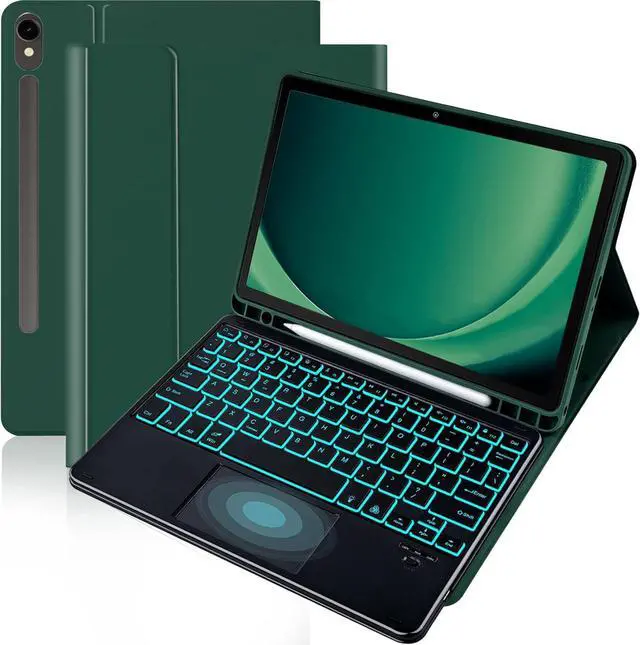 Main image of BONAEVER Keyboard Case for Samsung Galaxy Tab Galaxy Tab S10 FE S9 FE 10.9 inch S7 S8 S9 11 inch with Trackpad 7 Color Backlit Removable Keyboard Case Cover Dark Green