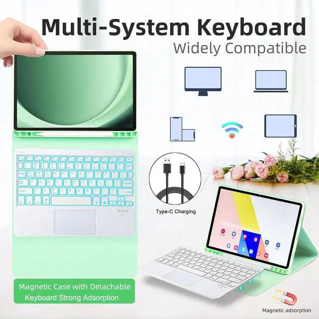 Alt view image 3 of 7 - BONAEVER Keyboard Case for Samsung Galaxy Tab Galaxy Tab S10 FE S9 FE 10.9 inch S7 S8 S9 11 inch with Trackpad 7 Color Backlit Removable Keyboard Case Cover Mint Green
