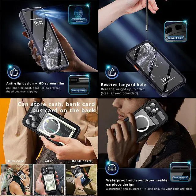 Alt view image 4 of 7 - BONAEVER for iPhone 16 Pro Max Waterproof Case Compatible with MagSafe, Magnetic Waterproof Full Body IP68 Underwater Case Built-in Screen Protector Dropproof Dustproof Shockproof Cover