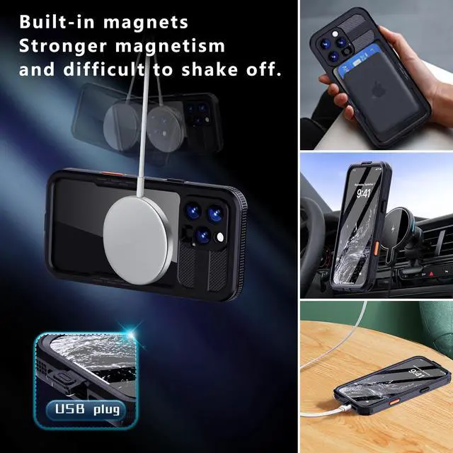 Alt view image 5 of 7 - BONAEVER for iPhone 16 Pro Max Waterproof Case Compatible with MagSafe, Magnetic Waterproof Full Body IP68 Underwater Case Built-in Screen Protector Dropproof Dustproof Shockproof Cover