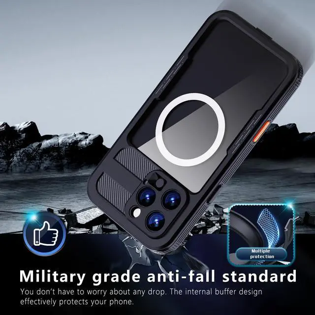 Alt view image 3 of 7 - BONAEVER for iPhone 16 Pro Max Waterproof Case Compatible with MagSafe, Magnetic Waterproof Full Body IP68 Underwater Case Built-in Screen Protector Dropproof Dustproof Shockproof Cover