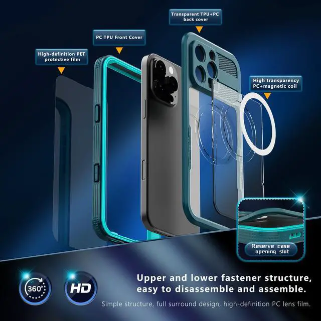 Alt view image 7 of 7 - BONAEVER for iPhone 16 Pro Max Waterproof Case Compatible with MagSafe, Magnetic Waterproof Full Body IP68 Underwater Case Built-in Screen Protector Dropproof Dustproof Shockproof Cover Blue